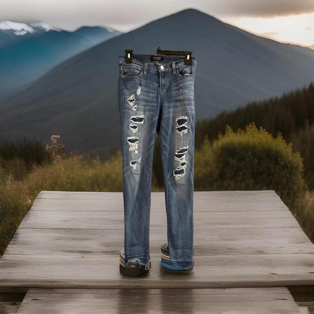 Judy Blue JB8240MD‎ Patched Rip Distress Skinny Jeans Stretch Raw Hem Size 7/28